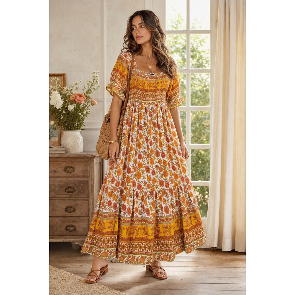 Boho Maxi Dress Womens L Orange Floral Smocked Tiered Puff Sleeve Prairie